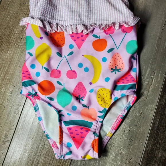 Cat & Jack Purple Striped Fruit Pattern One Piece Swimsuit Toddler Girl Size 2T - Picture 7 of 9